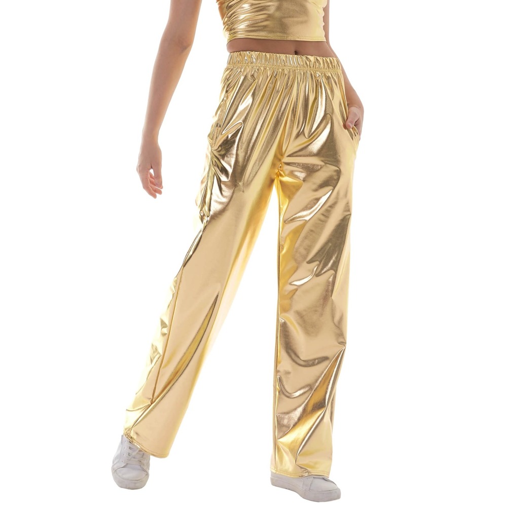 NWT‎ Metallic Gold Wide Leg Wet Look Disco Club Streetwear Pants Small